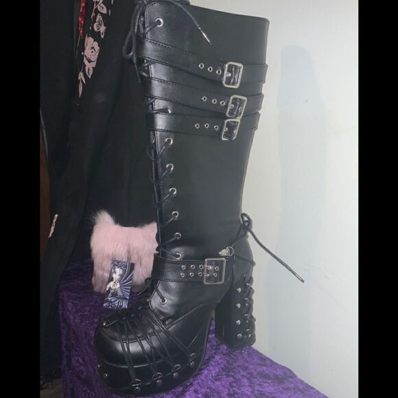 Demonia Charade-206 Knee High Buckle Boots - Picture 1 of 5